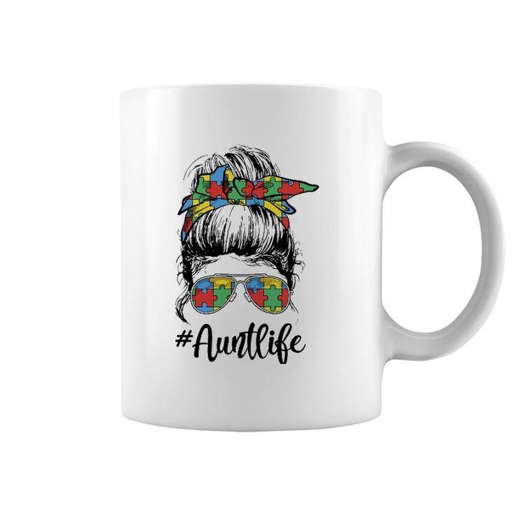 Autie Aunt Life Autism Awareness Messy Bun Girl Mother's Day Coffee Mug