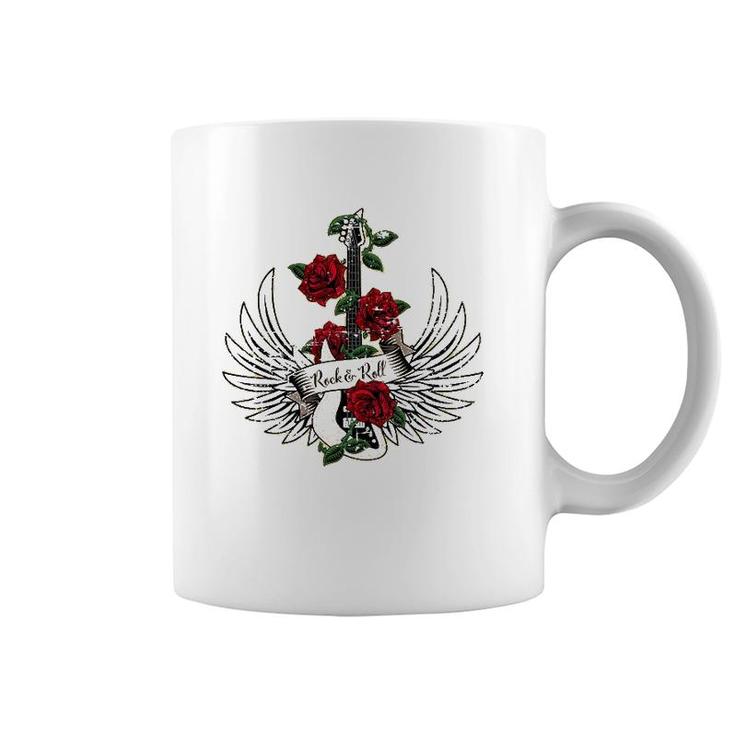 Bass Guitar Wings Roses Distressed Rock And Roll Design Coffee Mug