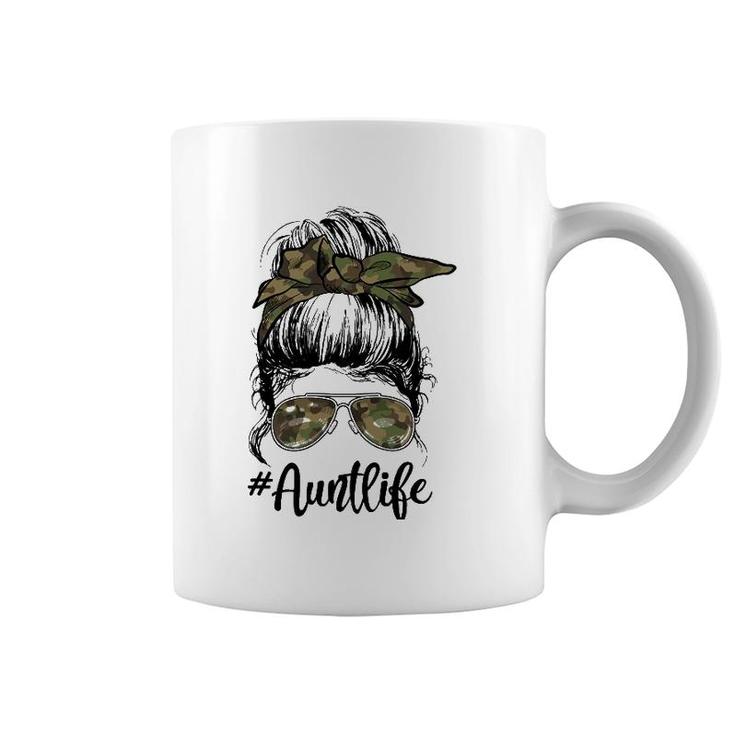 Camouflage Aunt Life Messy Bun Girl Veterans Day Mother's Day Coffee Mug