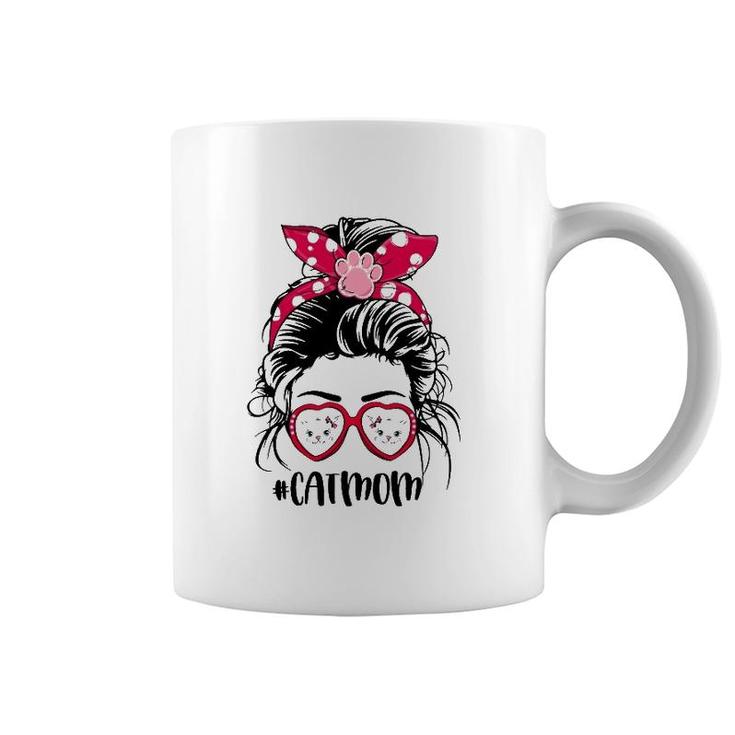 Cat Mom For Cat Faces Lovers Paw Print Heart Sunglasses Mother's Day Messy Bun Hair Polka Dots Bandana Coffee Mug