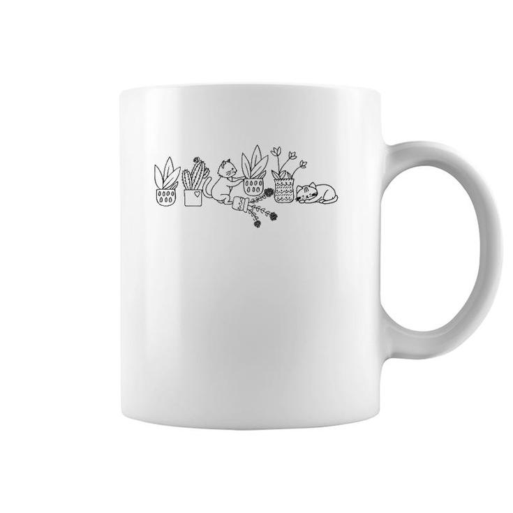 Cute Doodle Cats With Houseplants Cat Lover Plant Mom  Coffee Mug