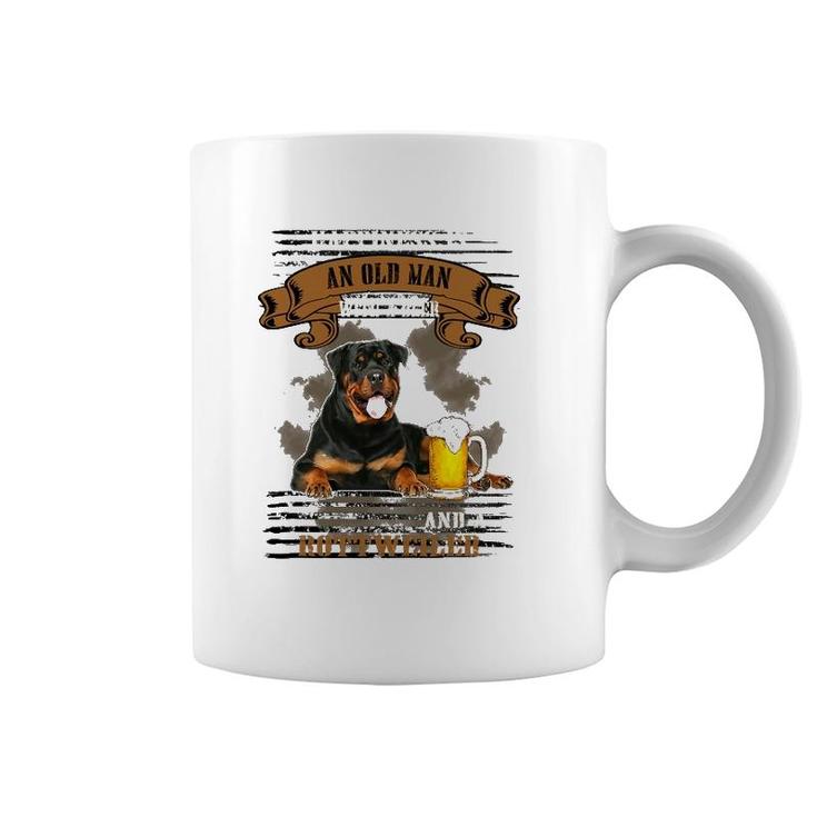 Happiness Is Old Man With Beer And A Rottweiler Sitting Near Coffee Mug