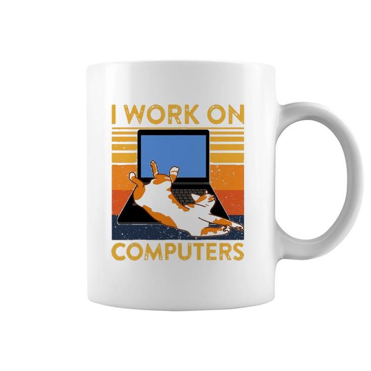 I Work On Computers Funny Cat On Keyboard Retro Cat Dad Mom Coffee Mug