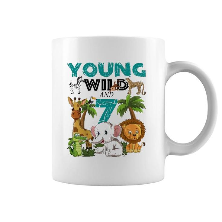 Kids Young Wild And 7 - 7Th Birthday Safari Zoo Animal Jungle Coffee Mug