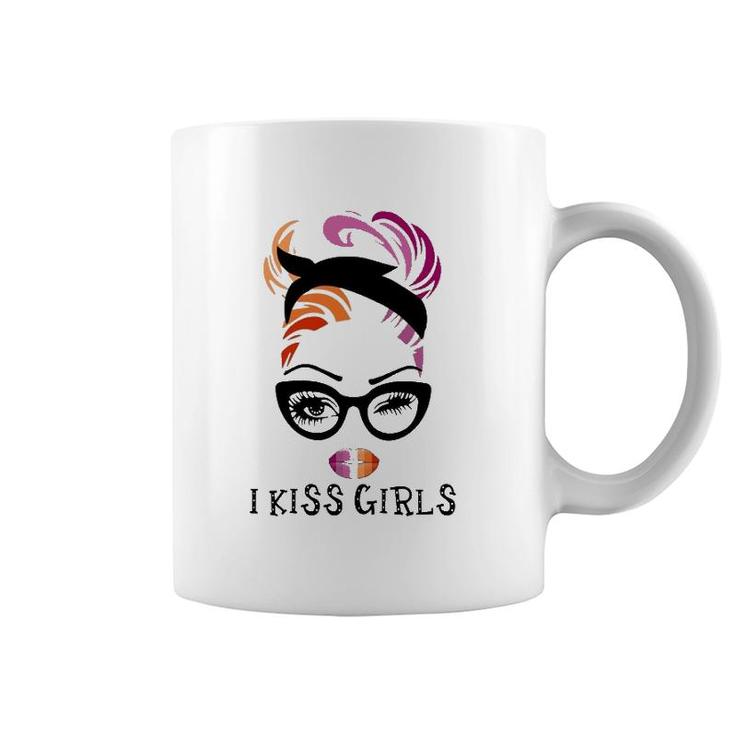 Lgbt Lesbian Pride Flag I Kiss Girls Lesbian Flag Messy Bun Lips Glasses Coffee Mug