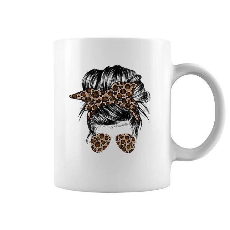 Messy Bun Mom Leopard Messy Hair Bun Mom Life Cool Cheetah Coffee Mug