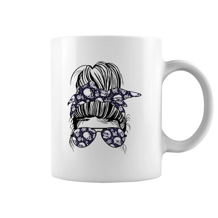 Messy Bun Skull With Flowers Print Sunglasses Goth Women Coffee Mug