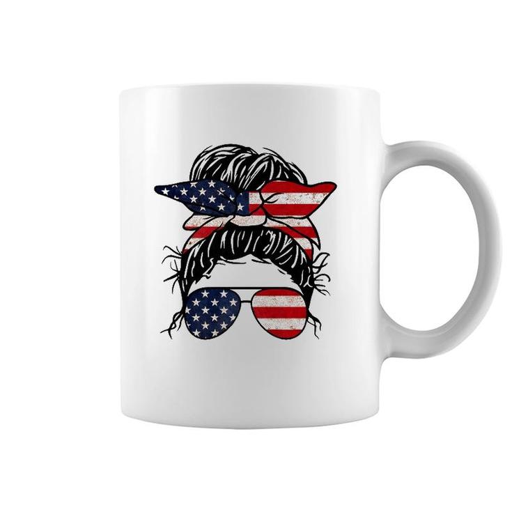 Messy Bun Usa Flag Glasses 4Th Of July Patriotic  Coffee Mug