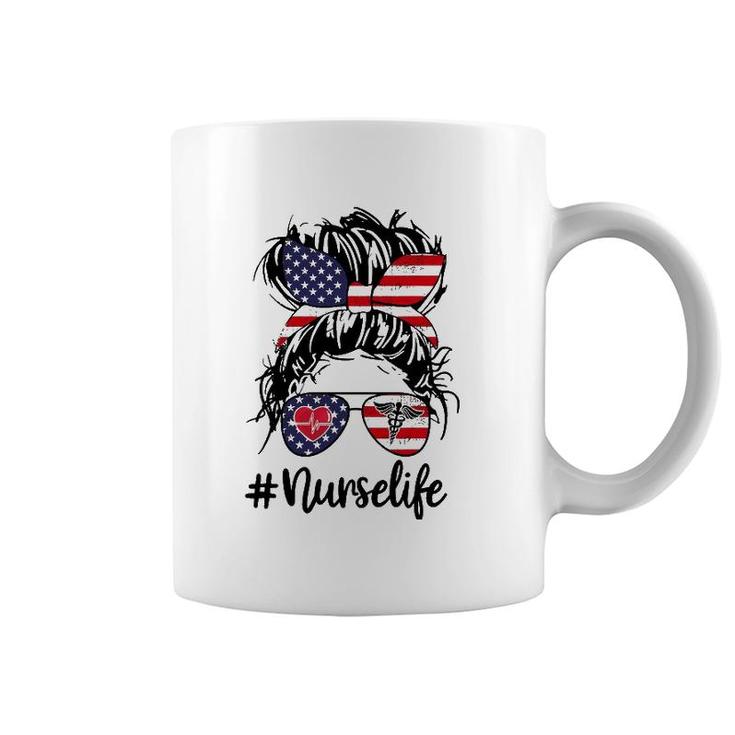Nurse Life Girl With Messy Buns American Flag Coffee Mug
