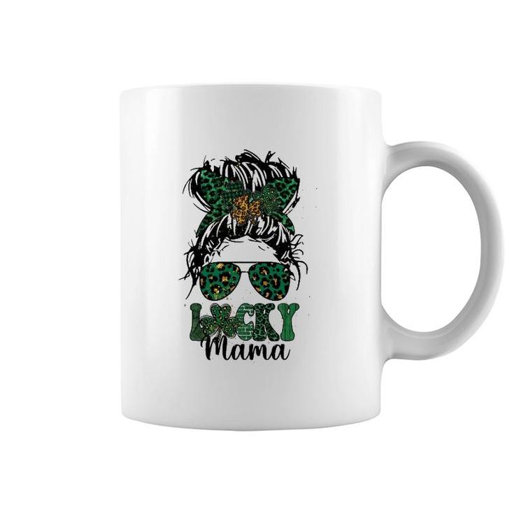 Patricks Lucky Mama Leopard Buffalo Clovers Messy Bun Girls Coffee Mug