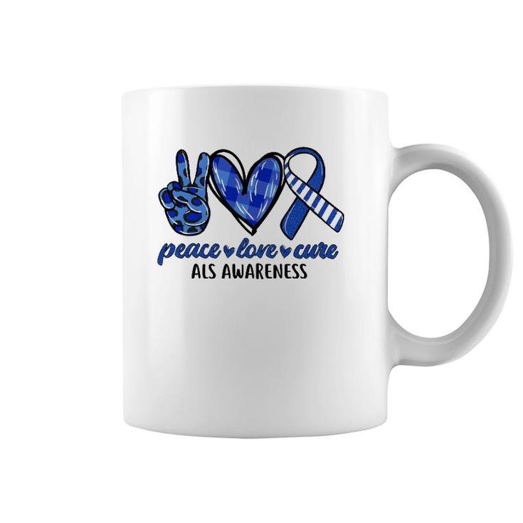 Peace Love Cure Blue & White Ribbon Als Awareness Month Coffee Mug