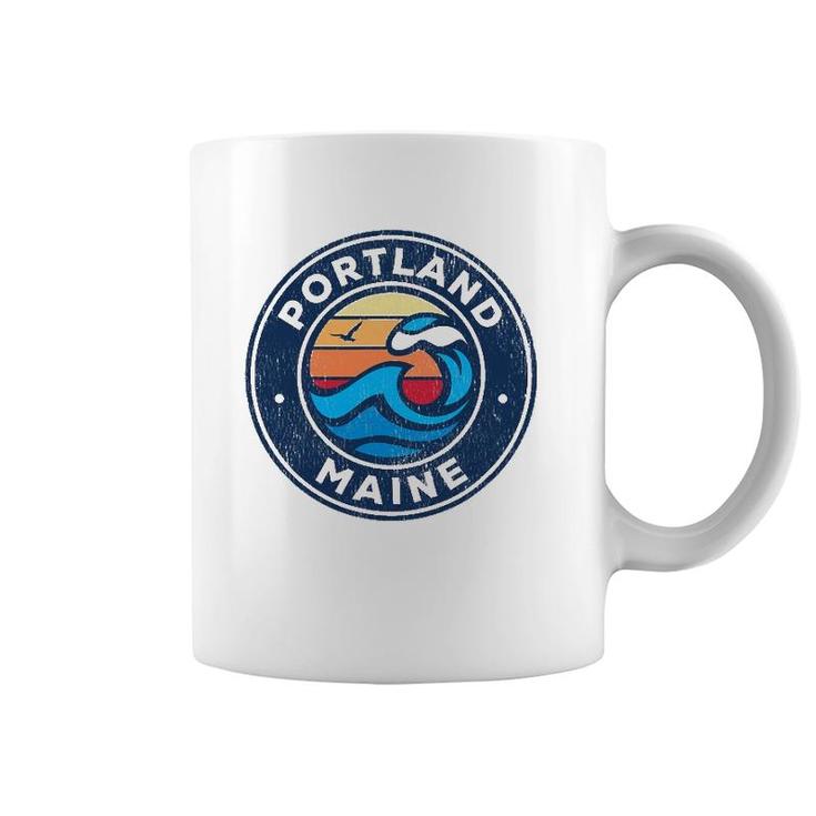 Portland Maine Me Vintage Nautical Waves Design Coffee Mug