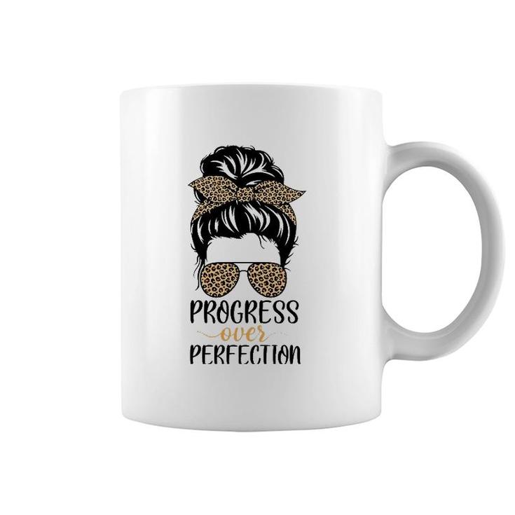 Progress Over Perfection Messy Bun Hair Teacher Leopard Coffee Mug
