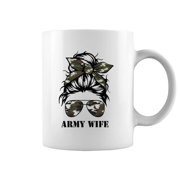 Proud Army Wife Messy Bun Camo Flag Spouse Military Pride Pullover Coffee Mug