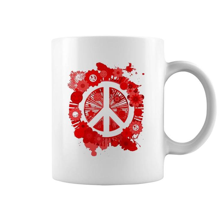Red Peace Sign 70S Hippie Happiness Flowers Coffee Mug