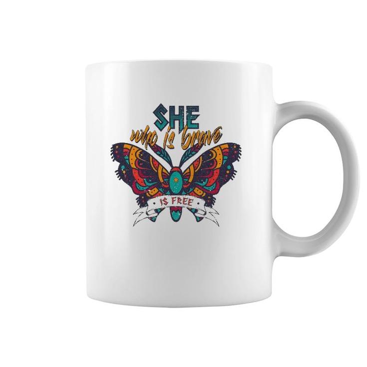 She Who Is Brave Is Free Funny Vintage Butterfly Color Coffee Mug