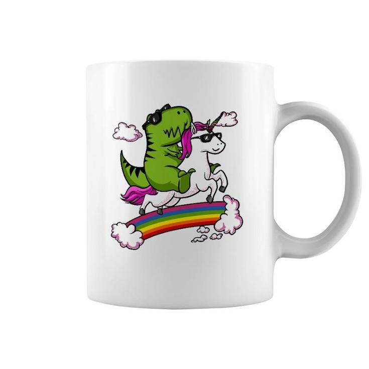 T-Rex Dinosaur Riding Unicorn Funny Rainbow Coffee Mug