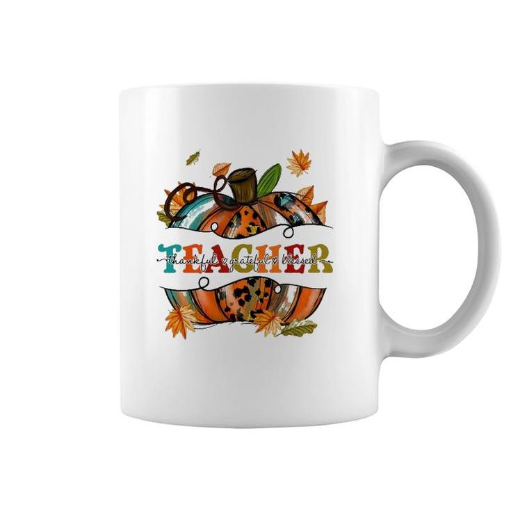 Teacher Thankful Grateful Blessed Pumpkin Autumn Leaf Coffee Mug