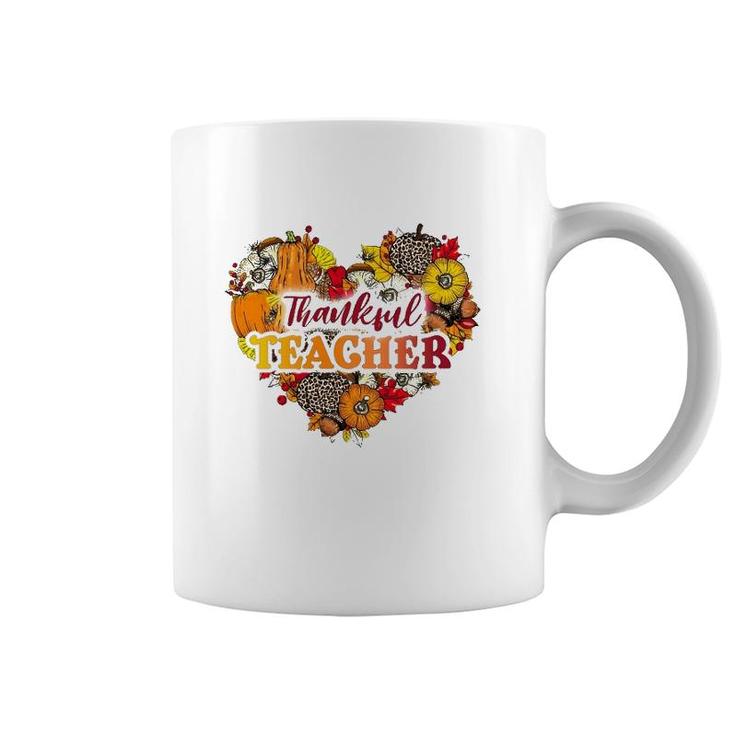 Thankful Teacher Leopard Pumpkin Heart Happy Thanksgiving Day Coffee Mug