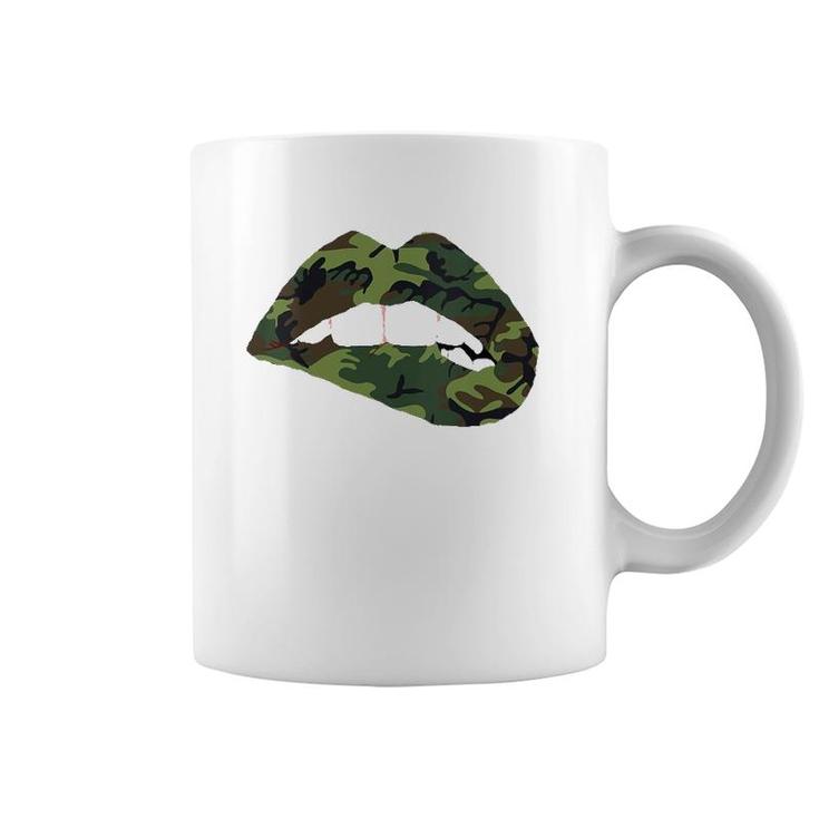 Womens Camouflage Lips Mouth Military Kiss Me Biting Camo Kissing V-Neck Coffee Mug