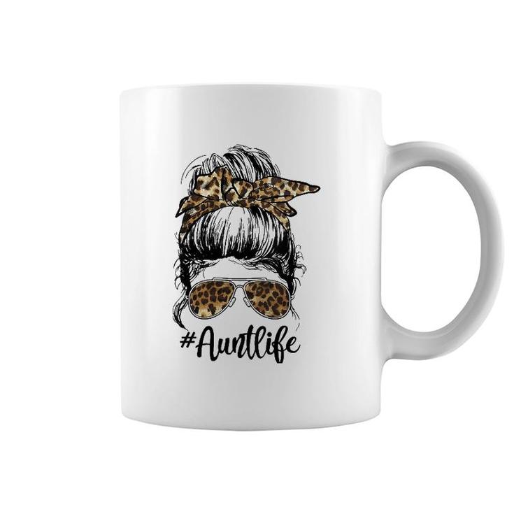 Womens Leopard Auties Aunt Life Cute Messy Bun Girl Mother's Day V-Neck Coffee Mug