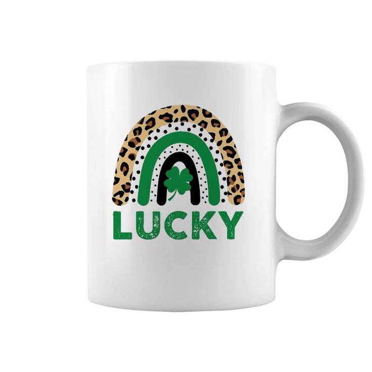 Womens Lucky Shamrock Leopard Print Rainbow St Patrick's Day Coffee Mug
