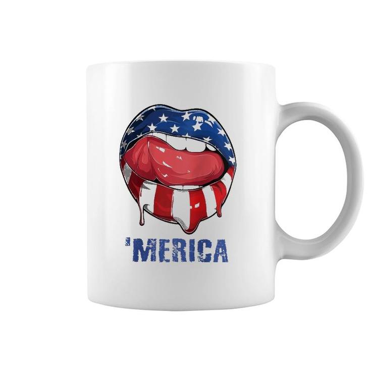 Womens 'Merica American Flag Mouth Lips 4Th Of July Teens Women Raglan Baseball Tee Coffee Mug