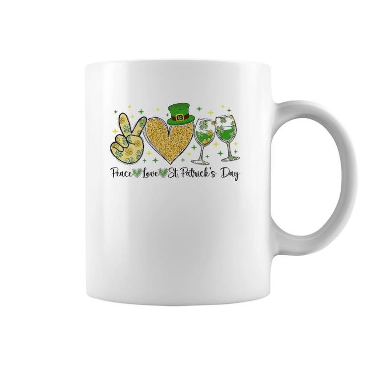 Womens Peace Love St Patrick's Day Cheer Drinking Glitter Shamrock V-Neck Coffee Mug