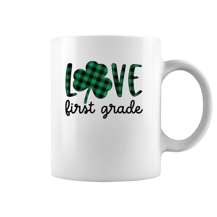 Womens St Patrick's Day Love First Grade Teacher Plaid Shamrock Raglan Baseball Tee Coffee Mug