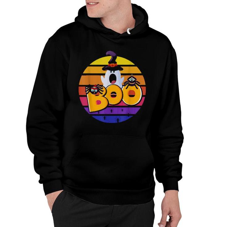 Boo With Cute Spiders And Witch Hat Halloween Sunset Retro  Hoodie