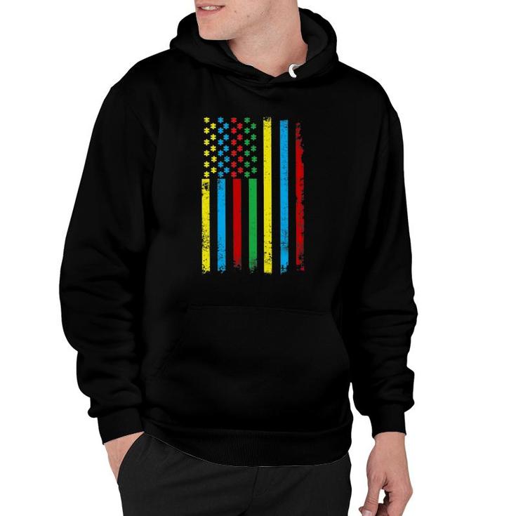 Colorful Usa Flag Puzzle Pieces World Autism Awareness Tee Hoodie