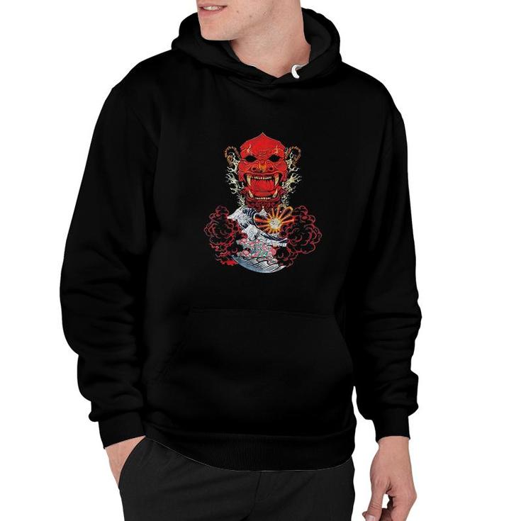 Japanese Red Samurai Oni Mask Ogre Kanagawa Wave Demon Hoodie