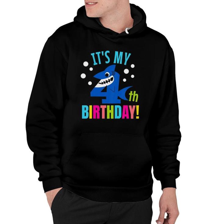 Kids 4 Years Old 4Th Shark Party Birthday Baby Gift Girls And Boys Hoodie