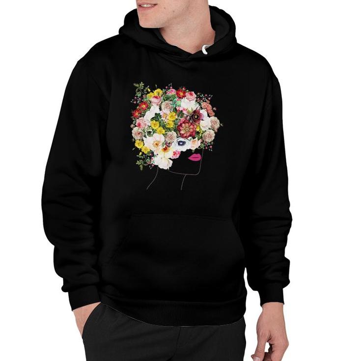 Womens Portrait With Floral Hair Botanical Inspired Flowers Graphic V Neck Hoodie