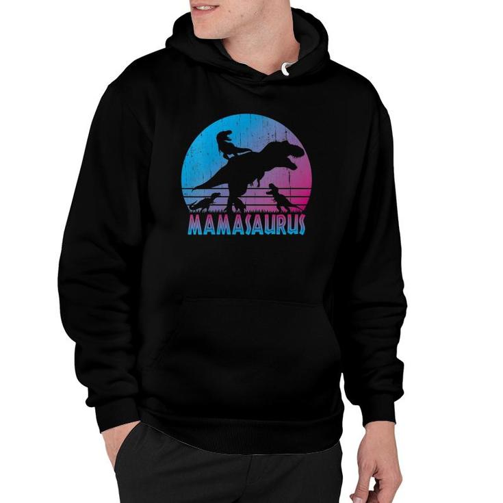 Womens Vintage Retro 3 Kids Mamasaurus Sunset Funny Gift For Mother V-Neck Hoodie
