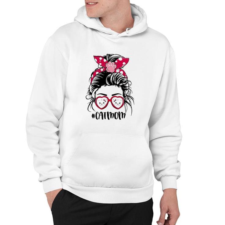 Cat Mom For Cat Faces Lovers Paw Print Heart Sunglasses Mother's Day Messy Bun Hair Polka Dots Bandana Hoodie