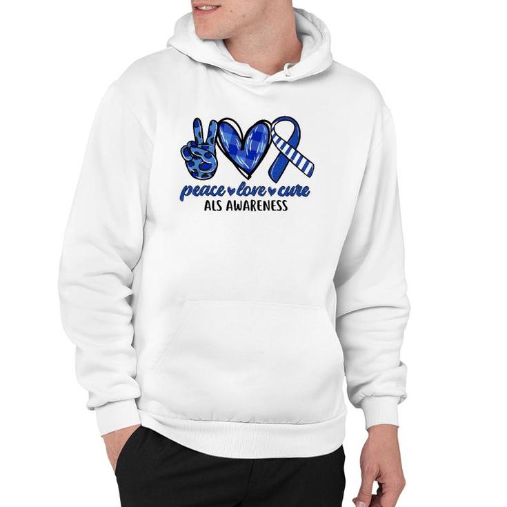 Peace Love Cure Blue & White Ribbon Als Awareness Month Hoodie