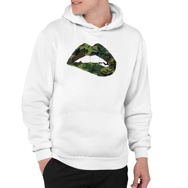 Womens Camouflage Lips Mouth Military Kiss Me Biting Camo Kissing V-Neck Hoodie