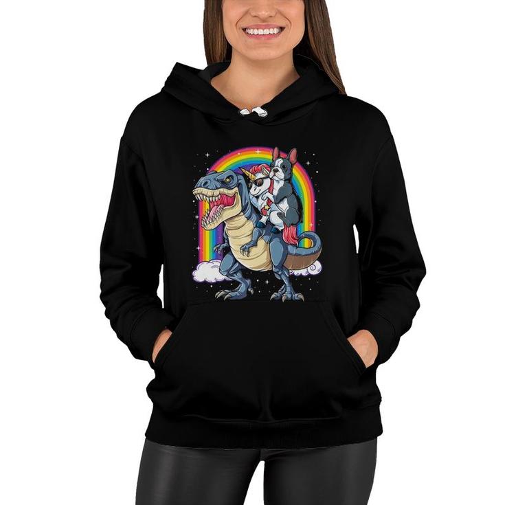 Boston Terrier Unicorn Riding DinosaurRex Girls Rainbow Women Hoodie