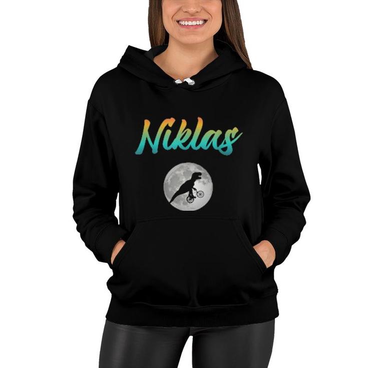Niklas Cool Boys Name With Colorful Cute Dinos For  Women Hoodie