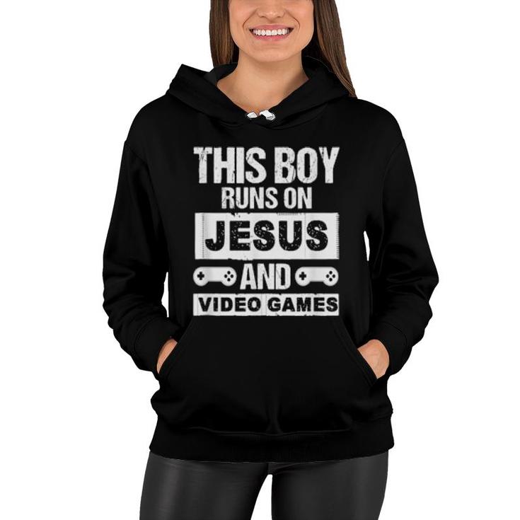 This Boy Runs On Jesus And Video Games Christian Banner  Women Hoodie