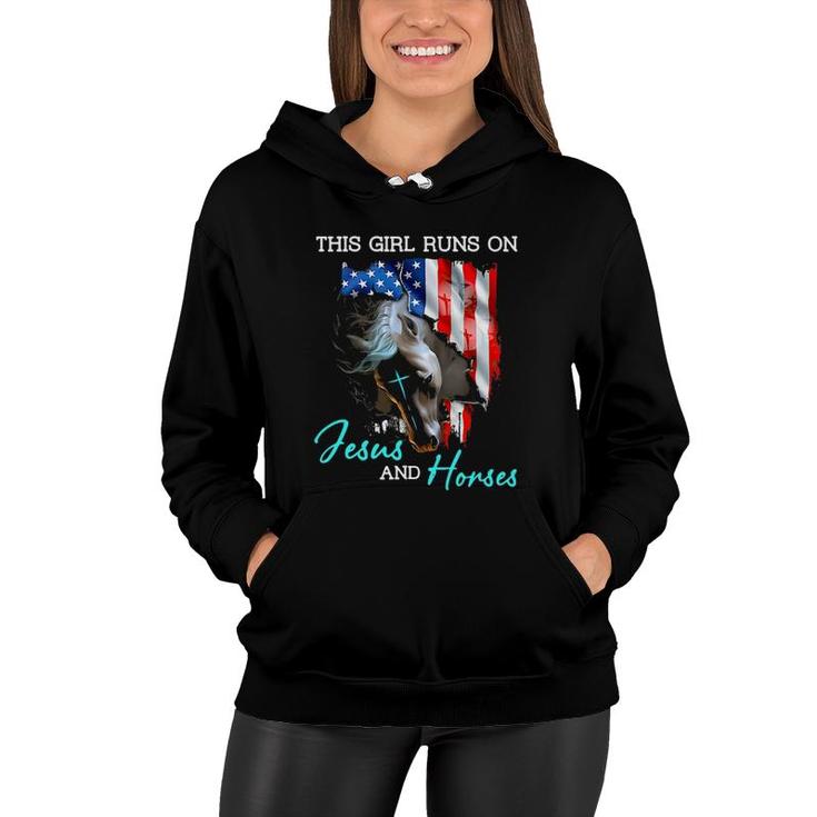 This Girl Runs On Jesus And Horses American Flag Women Hoodie