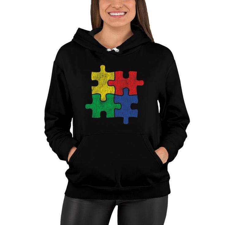 Vintage Autism Colorful Puzzle, Kids Autism Awareness Gift Women Hoodie