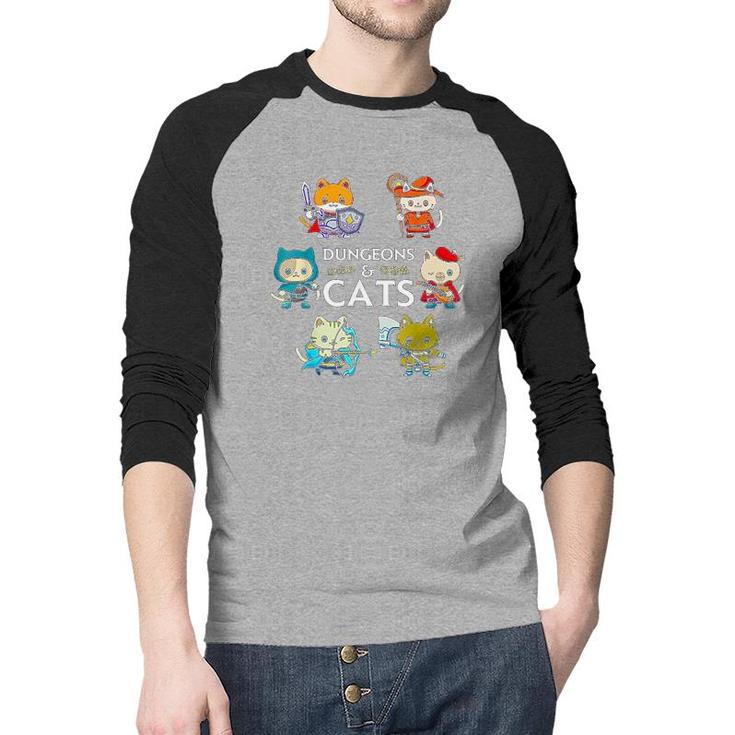 Dungeons And Cats RPG D20 Dice Nerdy Fantasy Gamer Cat Gift  Raglan Baseball Shirt