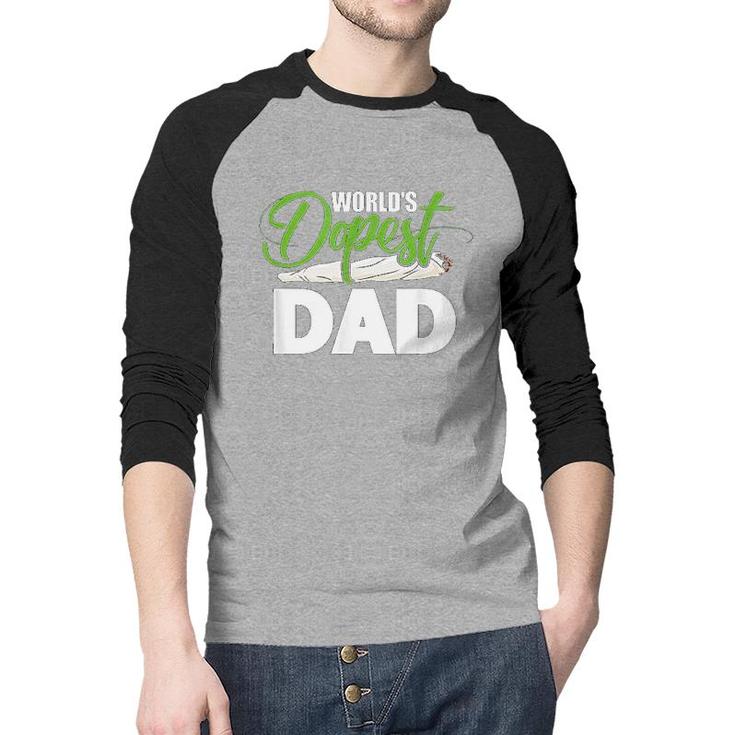 Mens Green White Worlds Dopest Dad Cannabis Marijuana Weed Funny Fathers Day  Raglan Baseball Shirt