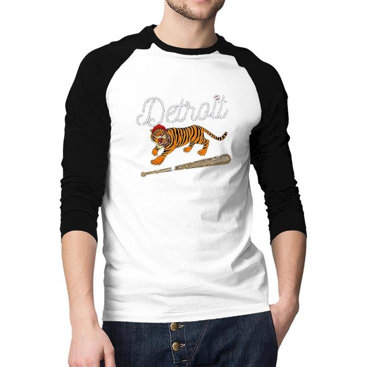 Distressed Tiger Mascot Funny Sport Tiger Design Raglan Baseball Shirt