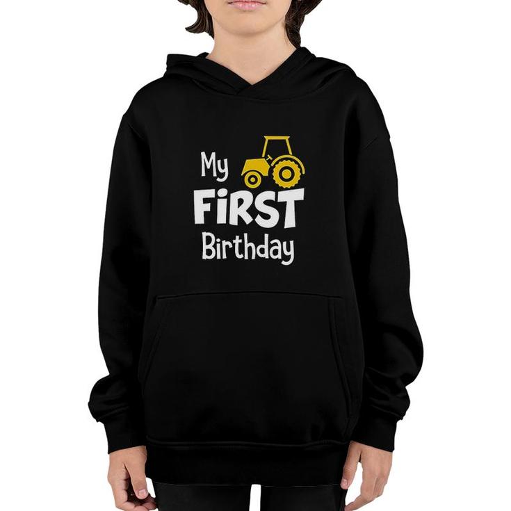 1st Birthday Boy Party My 1st Tractor Construction One Year Old Gifts Youth Hoodie