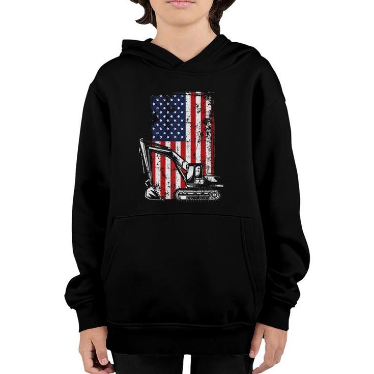 4Th Of July American Flag Construction Backhoe Excavator  Youth Hoodie