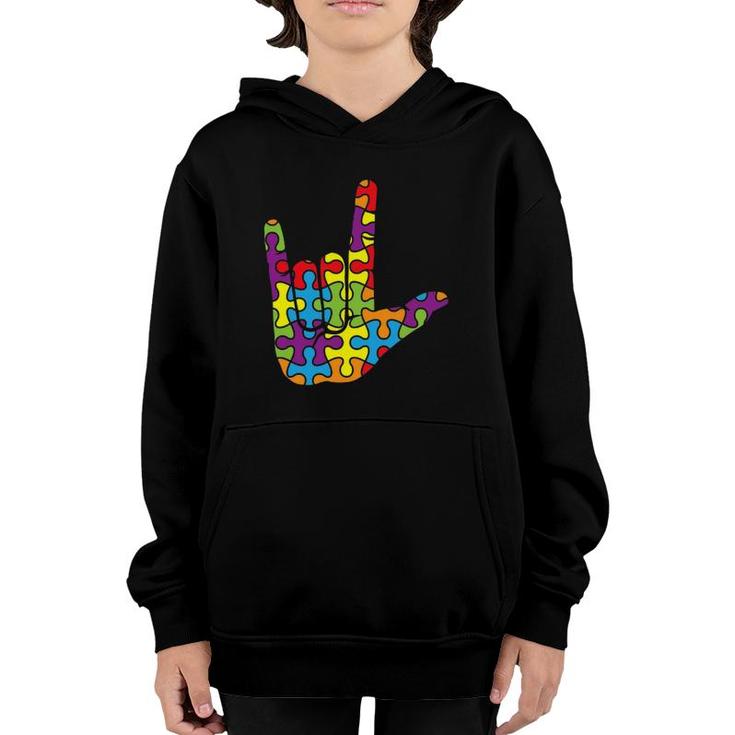 Asl Love Sign Language - Autistic Puzzle Autism Awareness Youth Hoodie