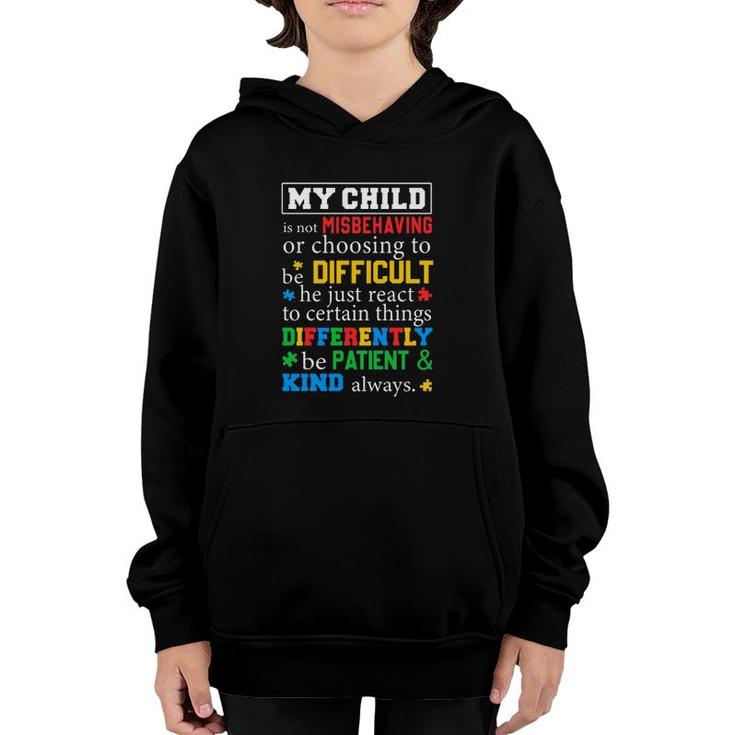 Autism Awareness Parents My Child Is Not Misbehaving Or Choosing To Be Difficult Youth Hoodie